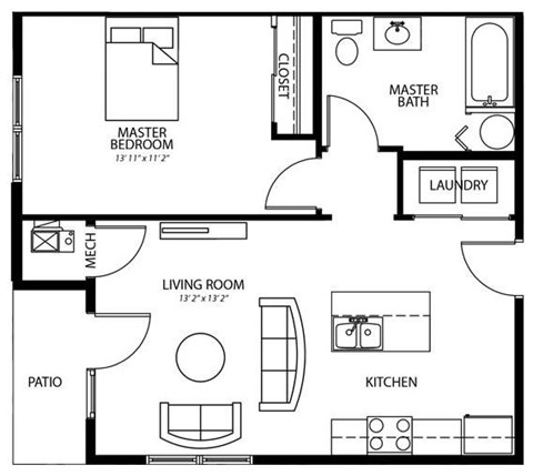 Floor plan for 1 bed, 1 bath, 668 sqft